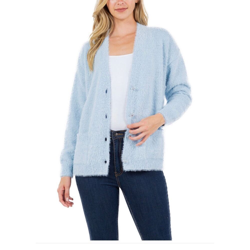NWT Fever L Gorgeous Blue Light Super Soft feather Cardigan Sweater Jewel Button